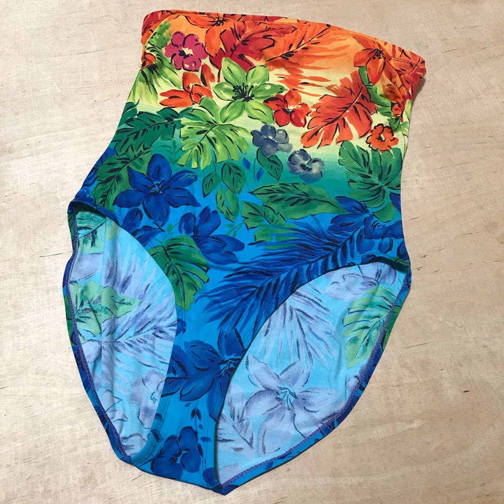 Vintage Islander Swim One Piece Strapless Blue Orange Women’s Size 16